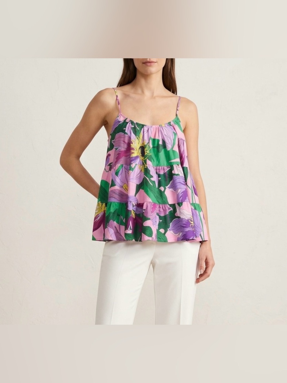 Express Floral Cami Tank Top Size XS Purple Pink Tiered Ruffle Boho Cottagecore